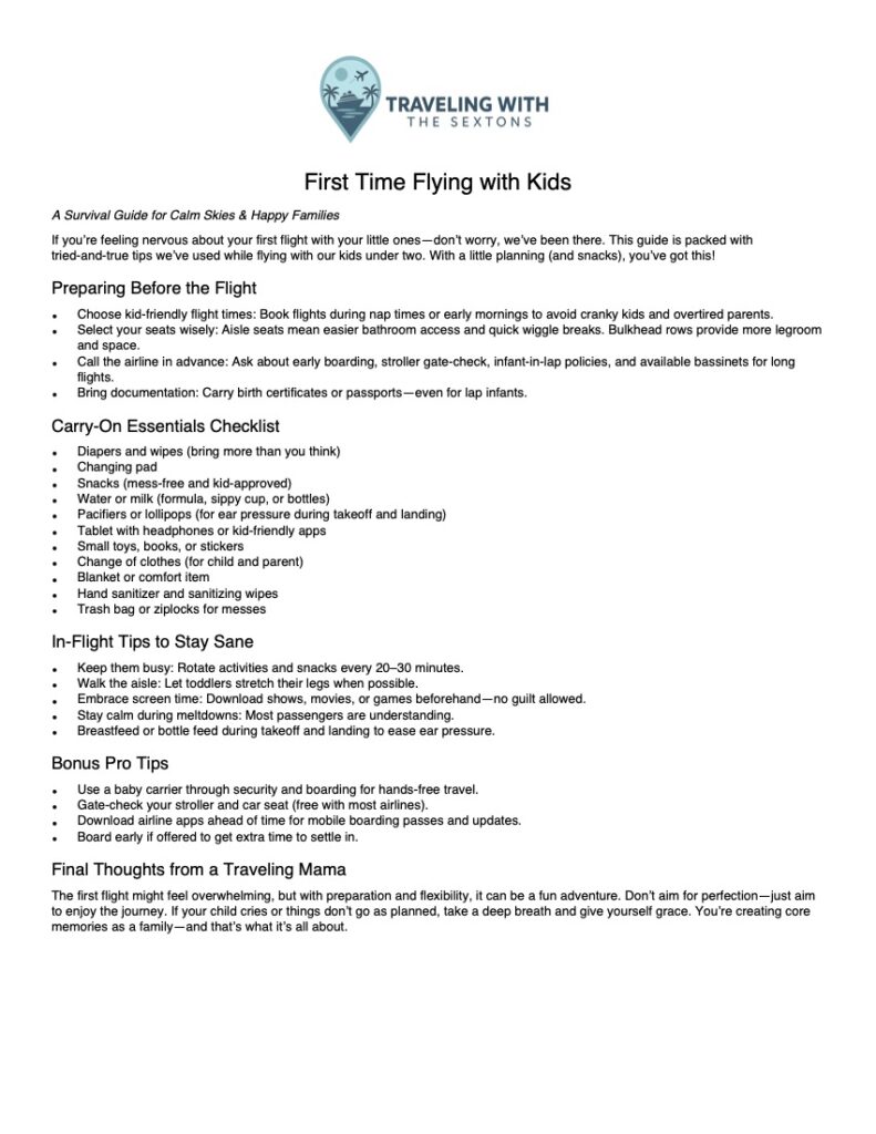 first time flying with kids survival guide with logo onepage